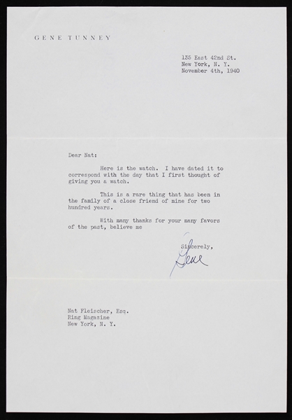 1940 Gene Tunney World Heavyweight Champion Letter to Nat Fleischer of Ring Magazine