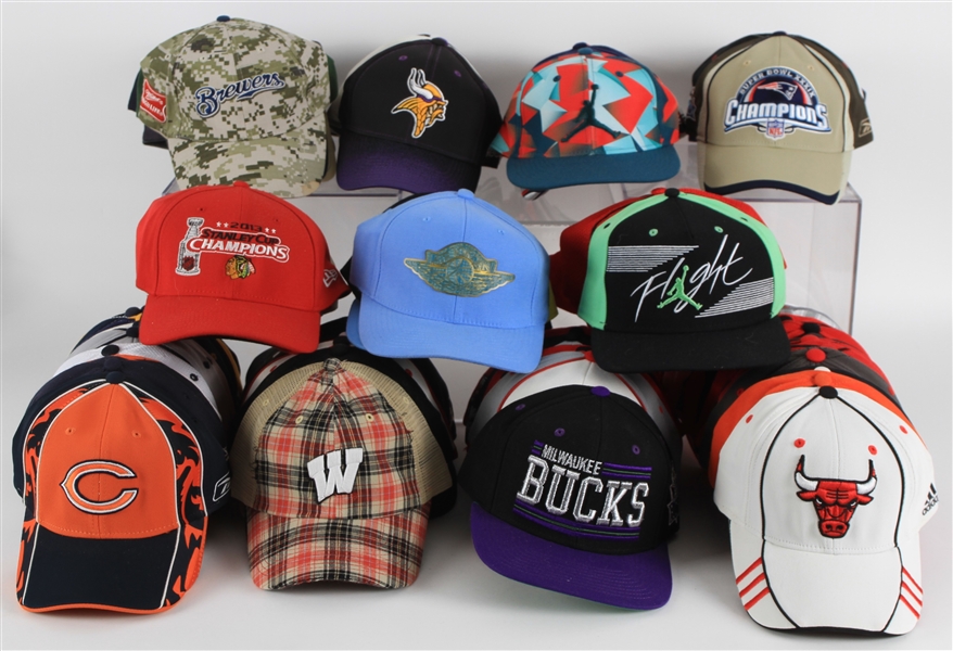 Basketball, Baseball, Football Hats Including Chicago Bulls, Milwaukee Brewers and more (Lot of 75+)