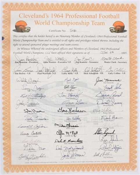 1964 Cleveland Browns Professional Football World Championship Team Signed 16x20 Certificate (Bill Fleming Collection/Tracer Code)