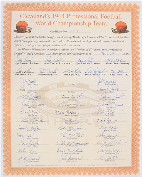 1964 Cleveland Browns Professional Football World Championship Team Signed 16x20 Certificate (Bill Fleming Collection/Tracer Code)