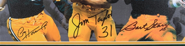 1990s-2000s Paul Hornung, Jim Taylor, Bart Starr, Brett Favre & Aaron Rodgers Green Bay Packers Titletown MVPs Signed 30x42 Framed Print (RoseArt COA)