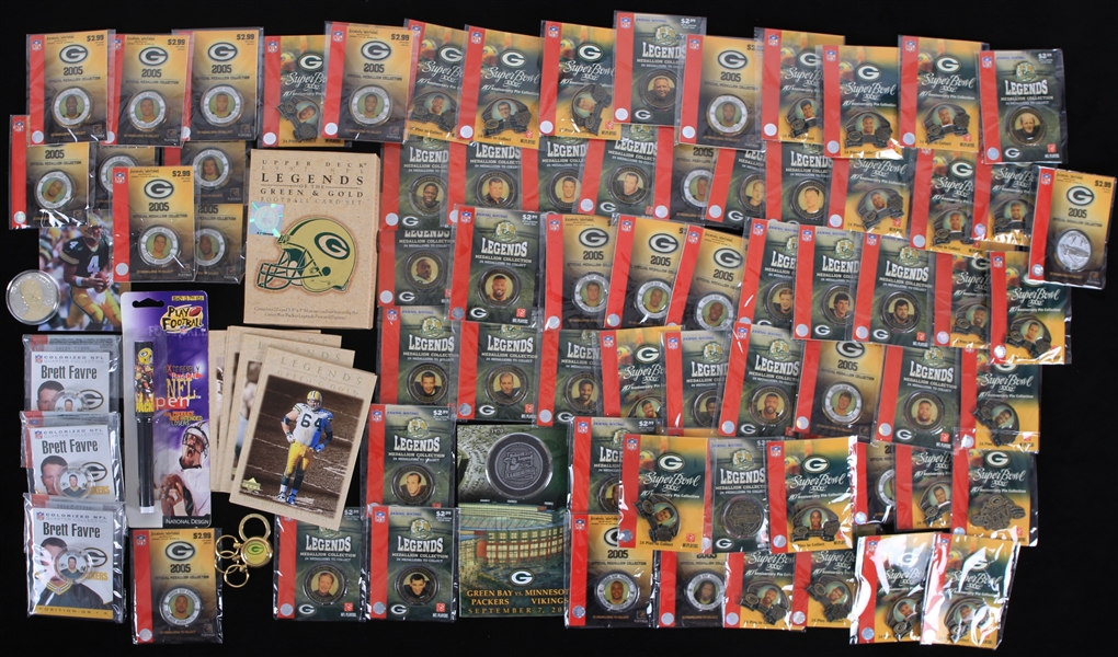 1990s-2000s Green Bay Packers Memorabilia Collection - Lot of 75+ w/ Super Bowl XXXI Player Pins, Legends and 2005 MJS Player Medallions, Upper Deck Legends Card Set & More