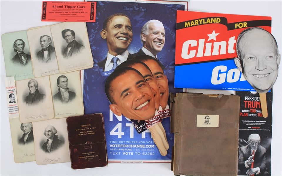 1880s-2020s Presidential Memorabilia Collection - Lot of 11 w/ Charles Rebstock Steel Plate Portraits, Lincoln Lore Bulletins & Campaign Items