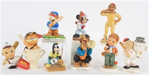 1950s-90s Ceramic Baseball Figure Collection - Lot of 9 w/ Garfield, Mickey Mouse, Goofy, Wally Walrus & More