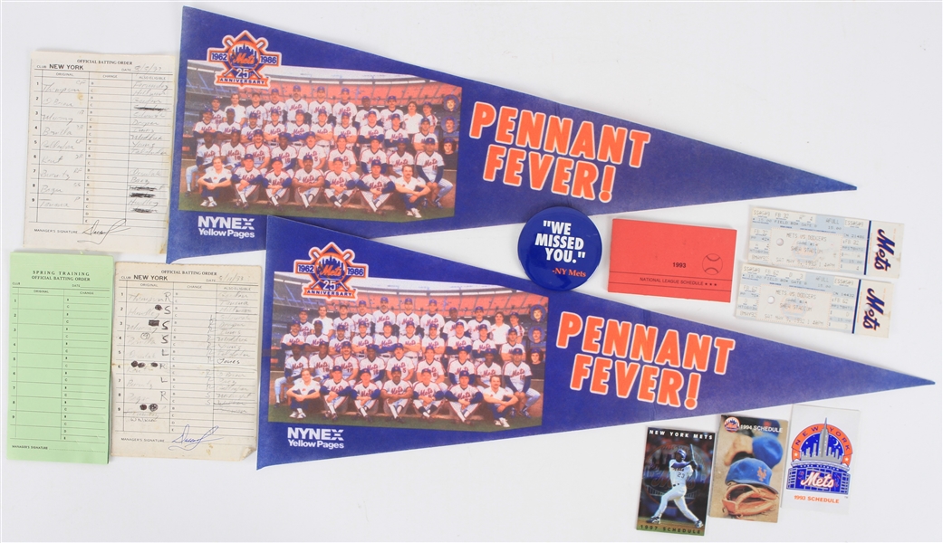 1986-97 New York Mets Memorabilia - Lot of 12 w/ Pennants, Pocket Schedules, Lineup Cards, Tickets & Pinback