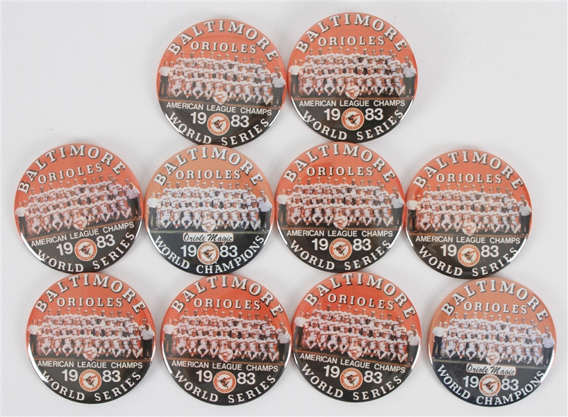 1983 Baltimore Orioles 3.5" AL Champs and Oriole Magic World Champions Pinback Buttons - Lot of 10