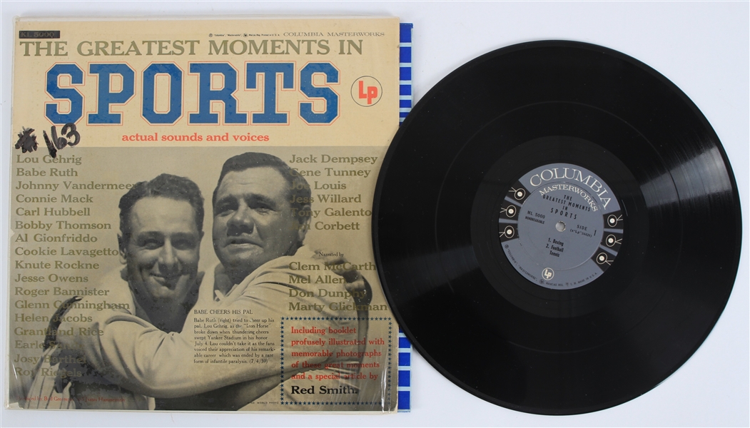 1955 The Greatest Moments In Sports LP Record Album w/ Babe Ruth, Lou Gehrig, Knute Rockne, Roger Bannister, Jack Dempsey & More