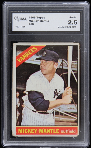 1966 Mickey Mantle New York Yankees Topps #50 Baseball Trading Card (GMA Slabbed 2.5 Good+)