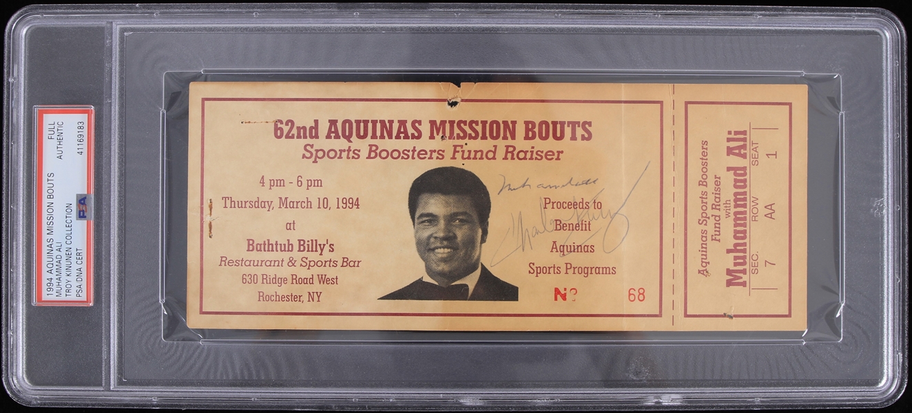 1994 Muhammad Ali Aquinas Mission Bouts Autographed Fundraiser Ticket (PSA Slabbed) (Troy Kinunen Collection)