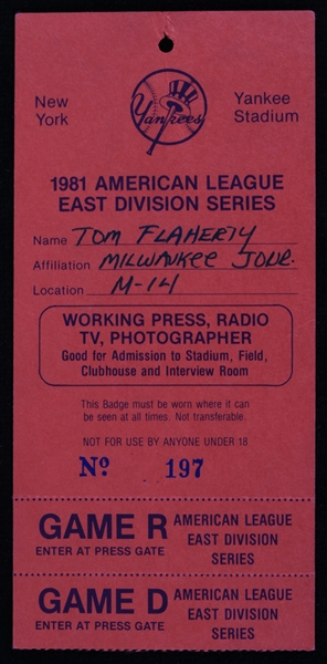 1981 New York Yankees vs Milwaukee Brewers American League East Division Series Press Pass 