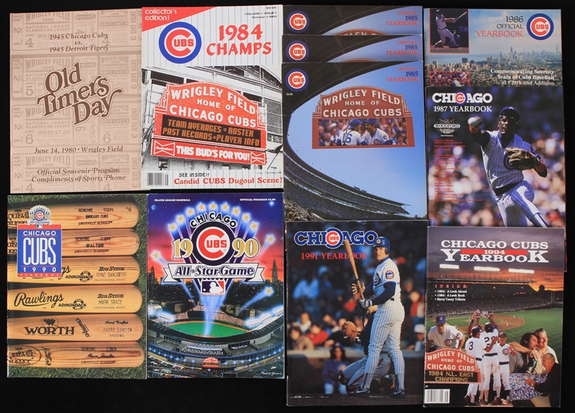 1980-94 Chicago Cubs Publication Collection - Lot of 11 w/ 1984 Champs Fold Out Poster, 1990 All Star Game Program & Team Yearbooks 
