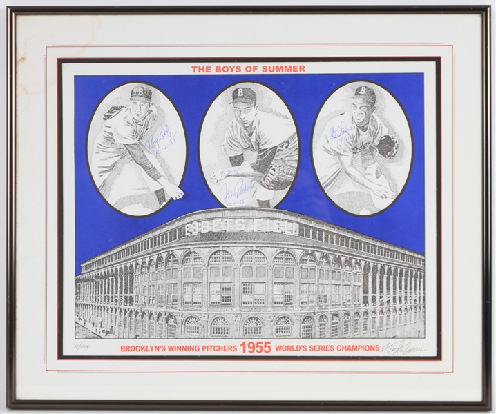 1955 Roger Craig Johnny Podres Clem Labine Brooklyn Dodgers Signed 20" x 24" Framed Lithograph (JSA)
