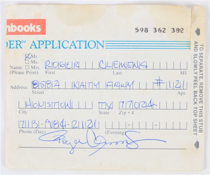 1980s Roger Clemens Boston Red Sox Signed WaldenBooks Application Form (JSA)