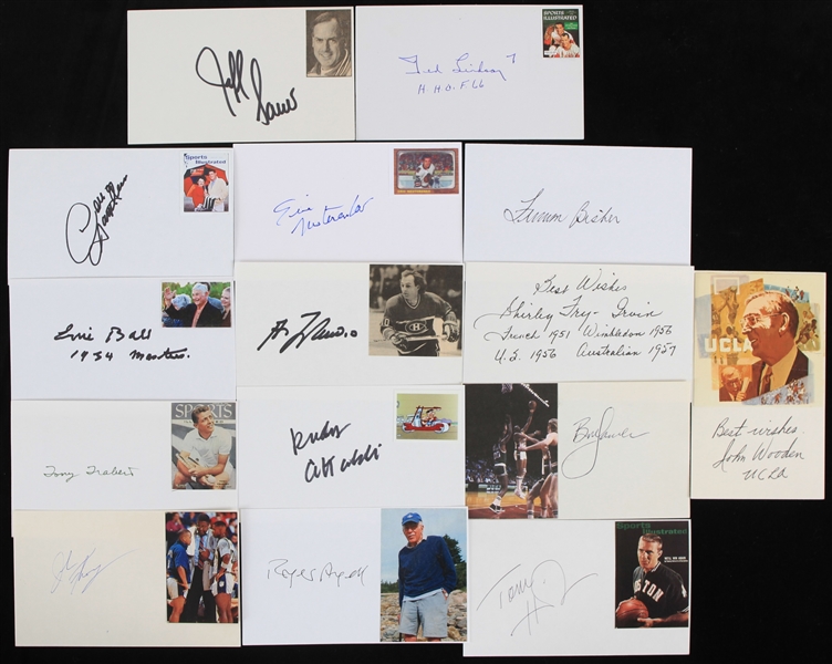 1990s Basketball Hockey Americana Signed Index Cards - Lot of 15 w/ John Wooden, Bob Lanier, Guy LaFleur, Roger Angell & More (JSA)