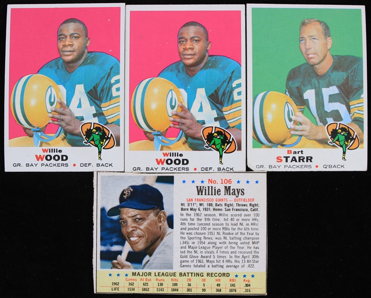 1963-69 Willie Mays Bart Starr Willie Wood Trading Cards - Lot of 4