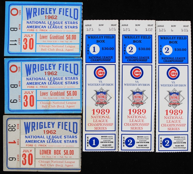 1962-89 Chicago Cubs Wrigley Field Ticket Stubs - Lot of 6 w/ All Star Game and National League Championship Series