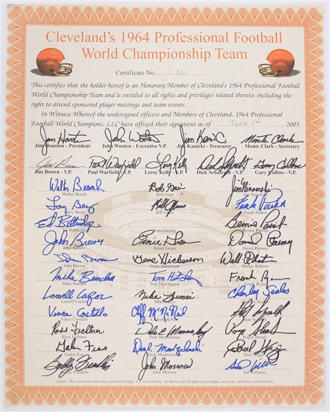 1964 Cleveland Browns Professional Football World Championship Team Signed 16x20 Certificate (Bill Fleming Collection/Tracer Code)