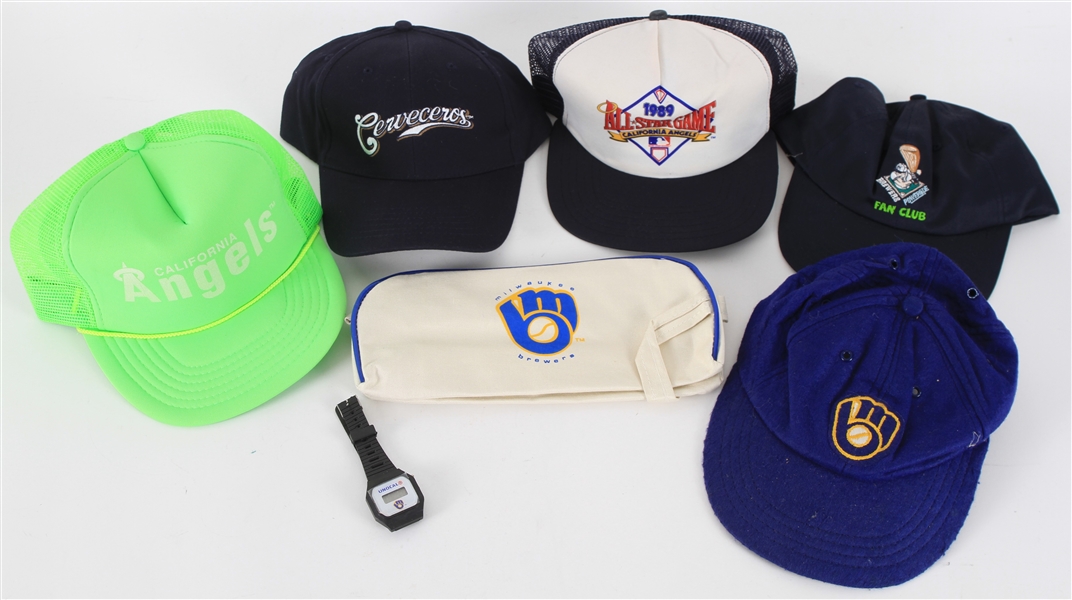 1980s Milwaukee Brewers Caps, Digital Watch, Travel Bag and more (Lot of 7)