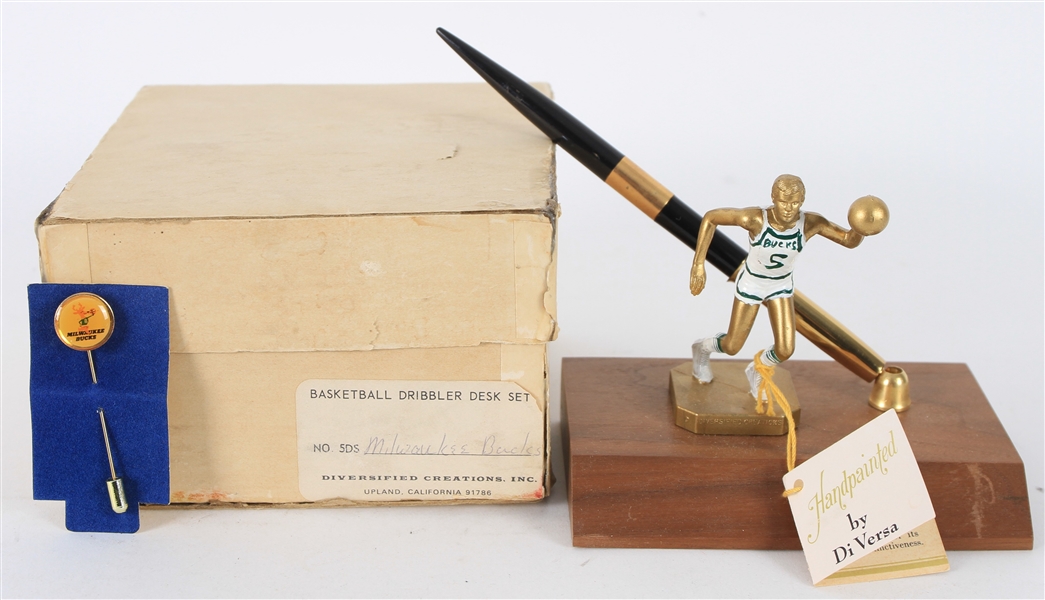 1968 Rare Milwaukee Bucks Memorabilia - Lot of 2 w/ Basketball Dribbler Desk Set and Lapel Pin 1:1