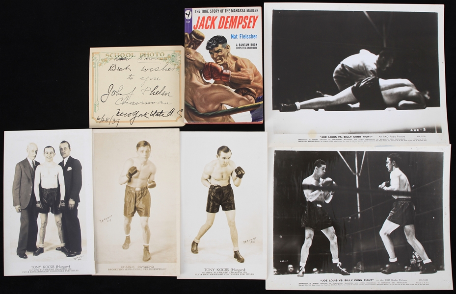 1920s-1940s Tony Kocsis, Charlie Raymond, Joe Louis, and Jack Dempsey 8x10 Photos and More (Lot of 7)