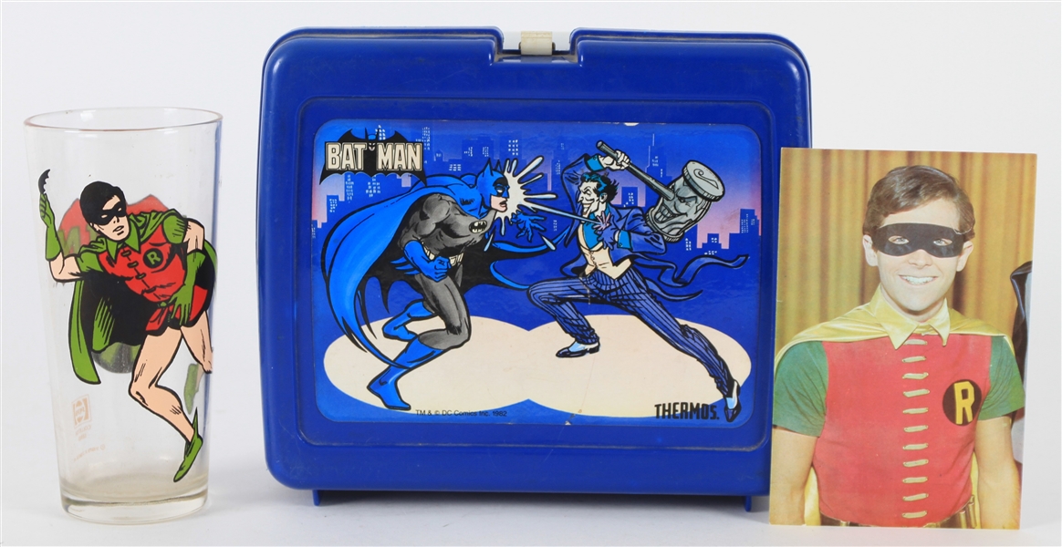 1978-82 Batman & Robin Memorabilia - Lot of 3 w/ Lunchbox, Drinking Glass & Snapshot