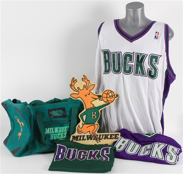1980s-2000s Milwaukee Bucks Memorabilia Collection - Lot of 5 w/ Blank Jerseys, Practice Jersey, Starter Gym Bag & More