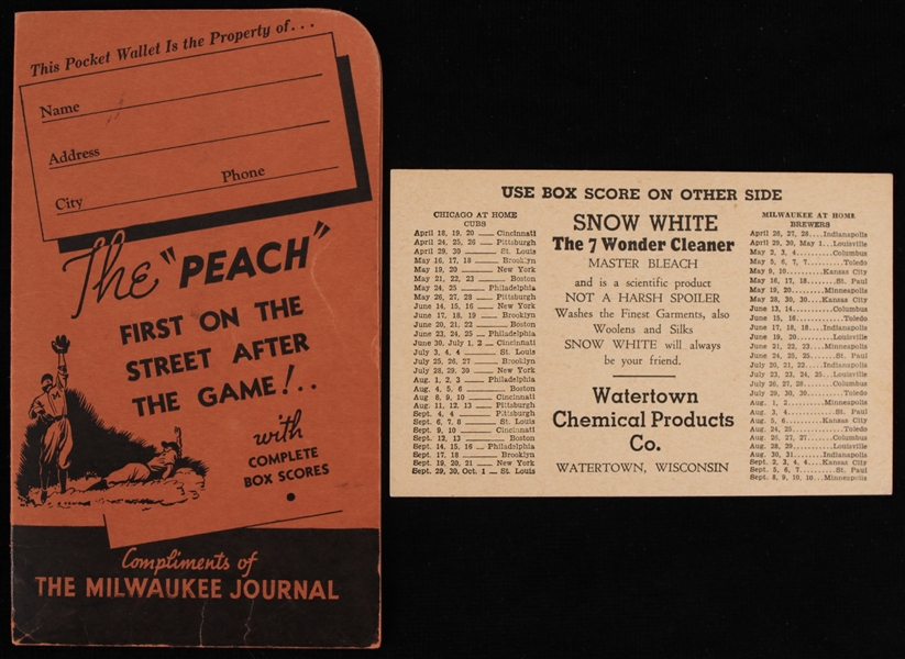 1937 "Peach" Baseball Schedule and Pocket Score Card (Lot of 2)