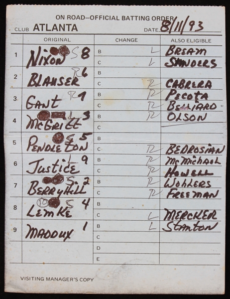 1993 Atlanta Braves Line up Card