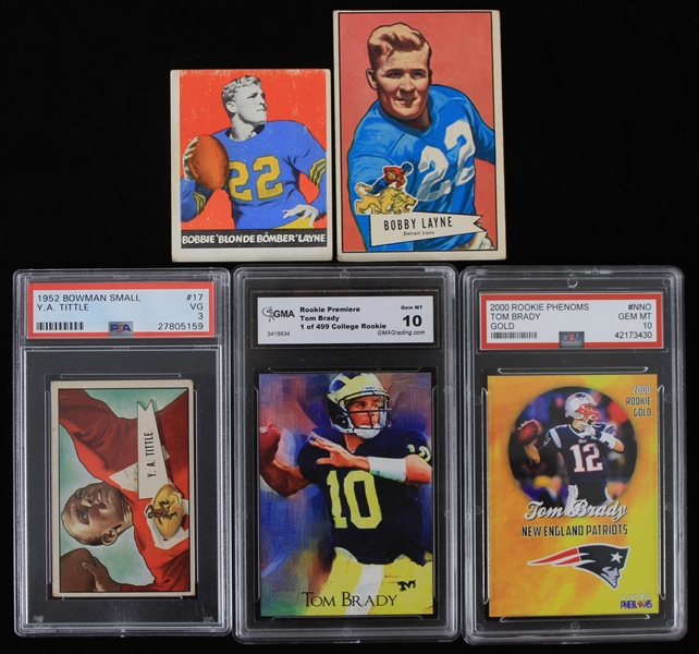 1948-2000 Football Trading Cards - Lot of 5 w/ Tom Brady Slabbed, YA Tittle Slabbed & Bobby Layne Rookie