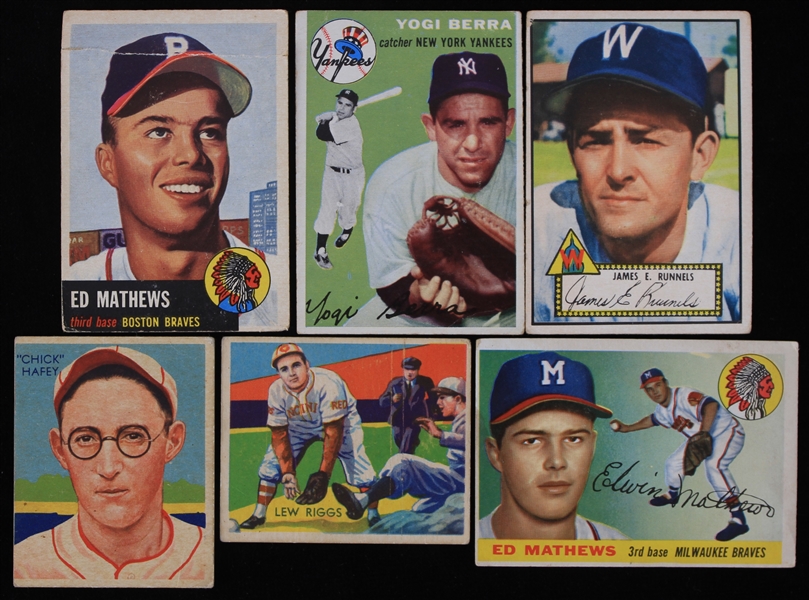1934-55 Baseball Trading Card Collection - Lot of 6 w/ Eddie Mathews, Yogi Berra, Lew Riggs, Chick Hafey & James Runnels
