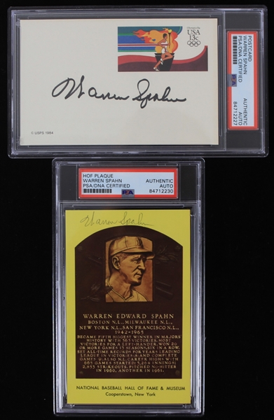 1980s Warren Spahn Milwaukee Braves Signed Postcards - Lot of 2 (PSA Slabbed)