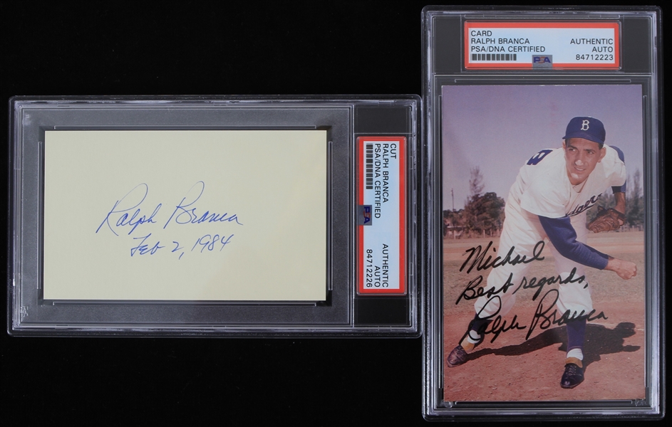 1980s Ralph Branca Brooklyn Dodgers Signed Cut & Oversize Card - Lot of 2 (PSA Slabbed)