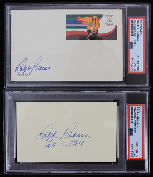 1980s Ralph Branca Brooklyn Dodgers Signed Cut & Postcard - Lot of 2 (PSA Slabbed)