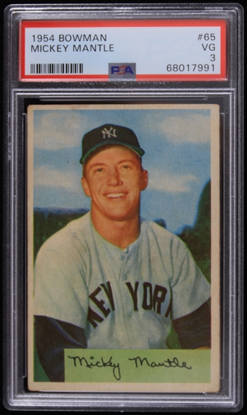 1954 Mickey Mantle New York Yankees Bowman #65 Baseball Trading Card (PSA Slabbed VG 3)