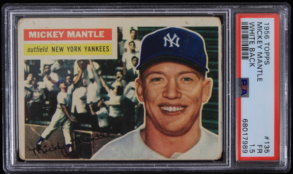 1956 Mickey Mantle New York Yankees Topps #135 White Back Baseball Trading Card (PSA Slabbed FR 1.5)