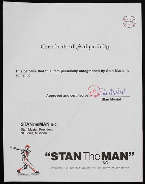 1990s Stan Musial St. Louis Cardinals Signed Stan The Man COA (JSA)