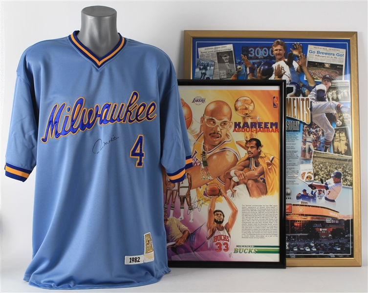 1980s-2000s Milwaukee Brewers County Stadium & Kareem Abdul-Jabbar Framed Pieces + Paul Molitor Signed Mitchell & Ness Jersey (JSA)