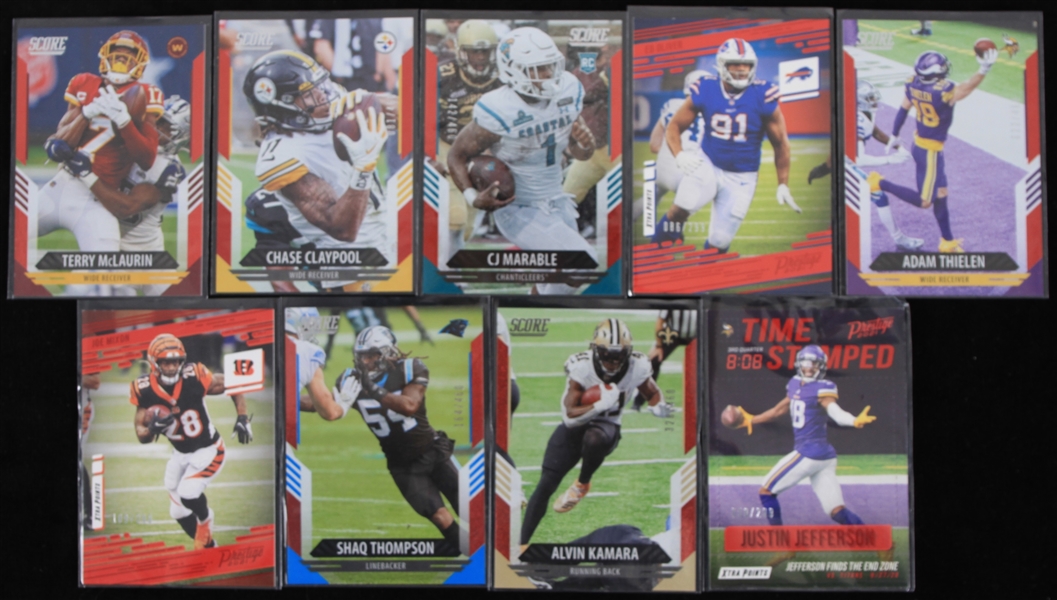 2021 Ed Oliver Buffalo Bills, Adam Thielen Minnesota Vikings, Alvin Kamara New Orleans Saints, Justin Jefferson Minnesota Vikings, and more Score Numbered Insert Trading Cards (Lot of 9)