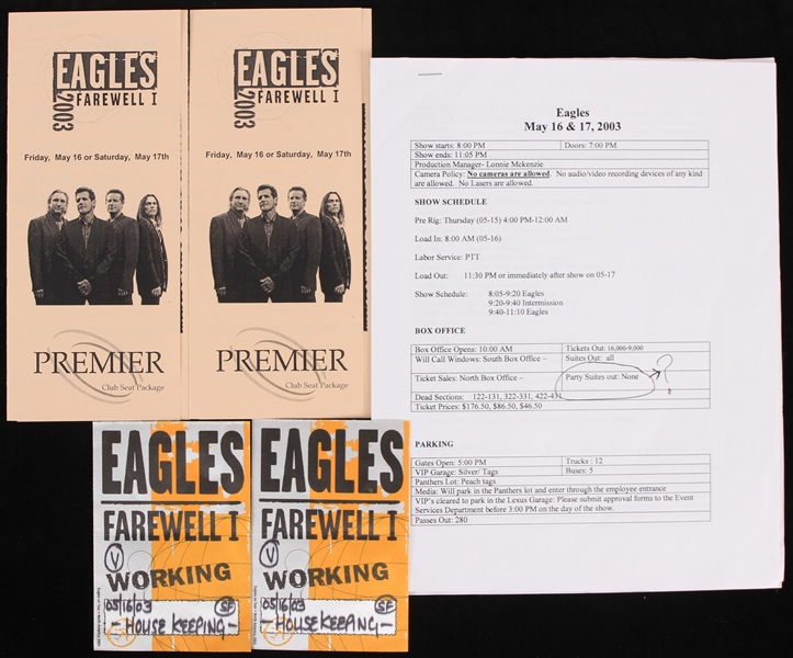 2003 Eagles Farewell Tour Working Passes, Show Notes, Suite Package Bouchure, Passes Schematic and Event Sheet (Lot of 8)