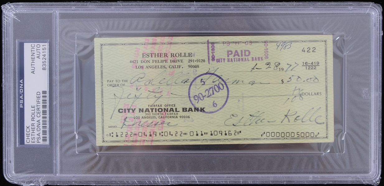1977 Ester Rolle Good Times Signed Check (PSA/DNA Slabbed)
