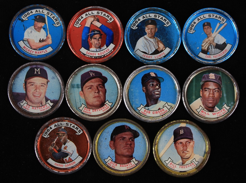 1964 Topps Baseball Trading Coins - Lot of 11 w/ Eddie Mathews, Don Drysdale, Bob Gibson, Mickey Manltle All Star, Sandy Koufax All Star & More