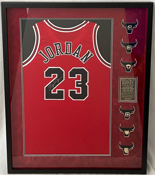 2000s Michael Jordan Chicago Bulls 34" x 42" Framed Display w/ Signed Jersey & Replica Championship Rings (Upper Deck/JSA)