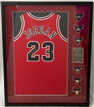 2000s Michael Jordan Chicago Bulls 34" x 42" Framed Display w/ Signed Jersey & Replica Championship Rings (Upper Deck)