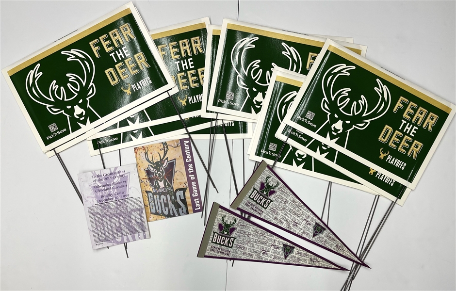 1999-2002 Milwaukee Bucks Playoffs Yard Signs w/ Pennants & Rosters (Lot of 16)