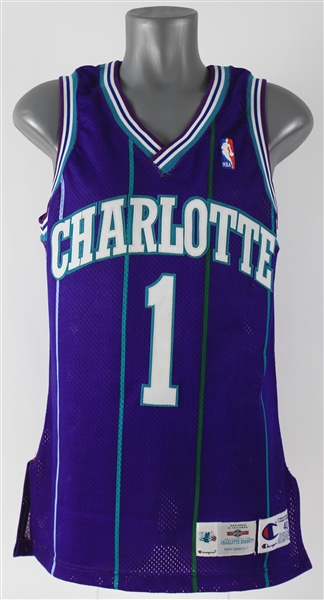 1995-96 Muggsy Bogues Charlotte Hornets Signed Road Jersey (MEARS A10/JSA)