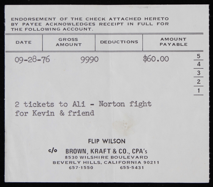1976 Muhammad Ali vs Ken Norton Fight Ticket Purchase Check Stub