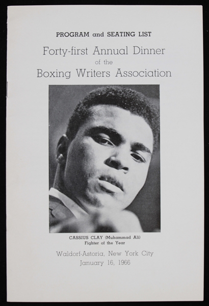 1966 Program and Seating List for The Forty-first Annual Dinner of the Boxing Writers Association featuring Cassius Clay (Muhammad Ali) on the Cover