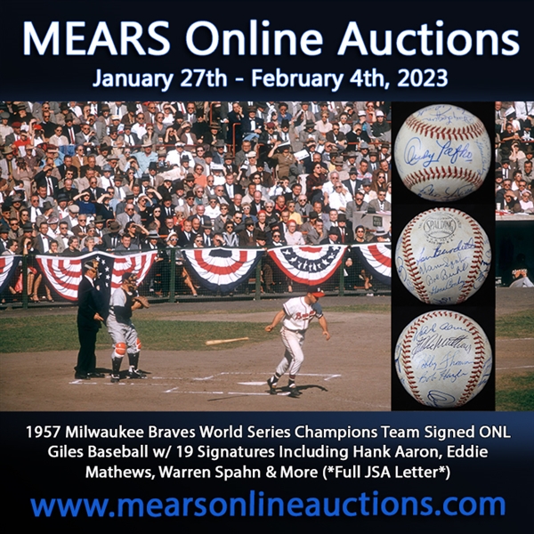 1957 Milwaukee Braves World Series Champions Team Signed ONL Giles Baseball w/ 19 Signatures Including Hank Aaron, Eddie Mathews, Warren Spahn & More (*Full JSA Letter*)