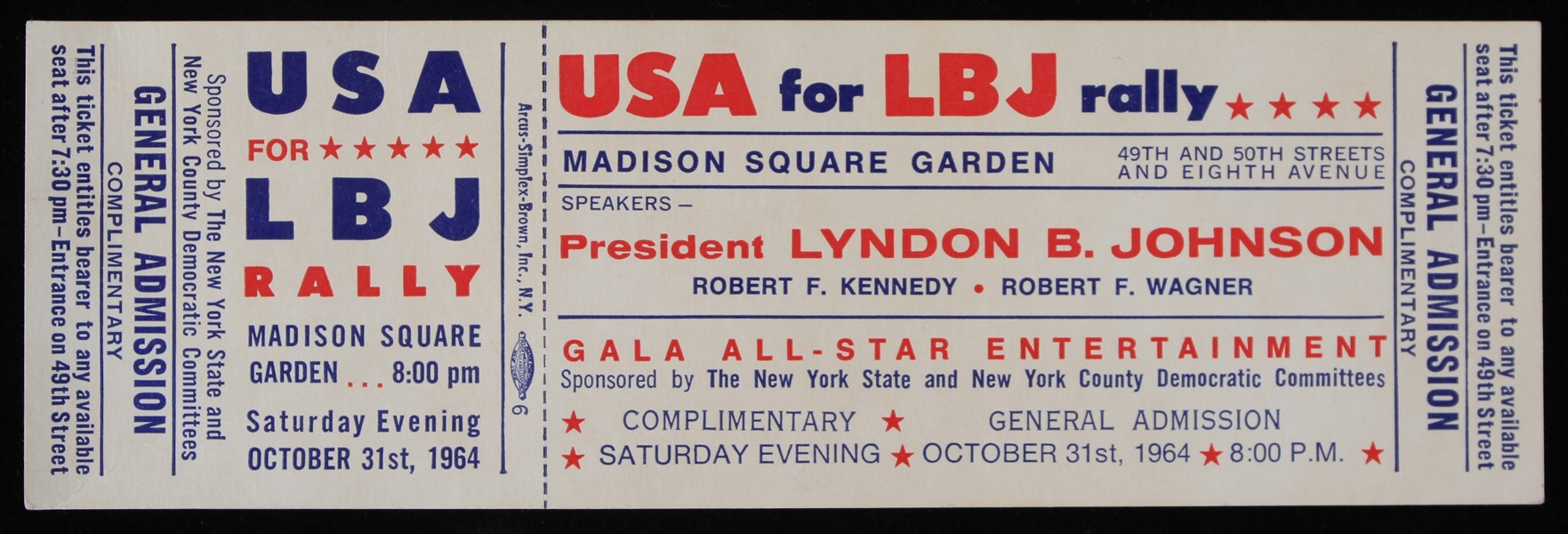 1964 Lyndon B Johnson USA for LBJ Rally at Madison Square Garden Full Ticket 