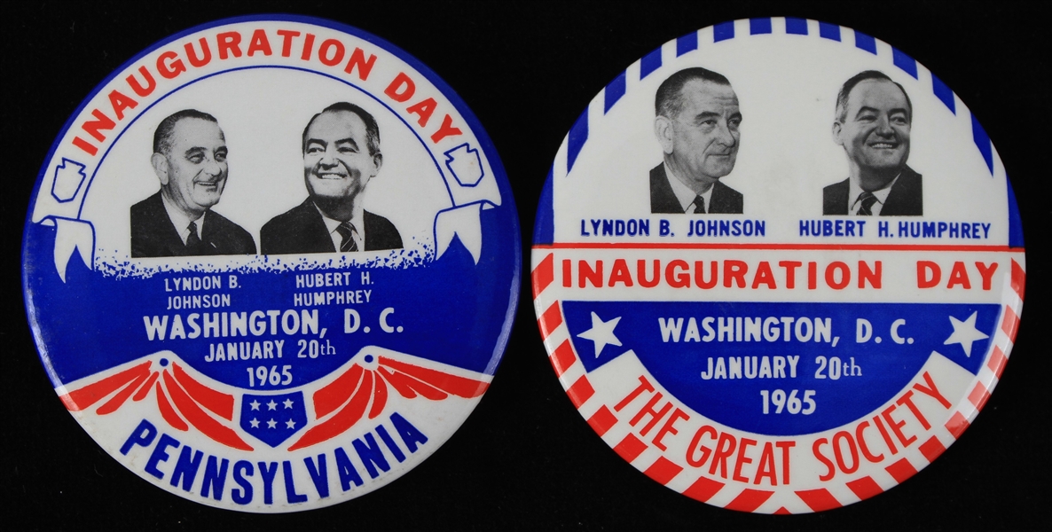 1965 Lyndon B. Johnson and Hubert H Humphrey Inauguration Day 3.5" Pinback Buttons (Lot of 2)